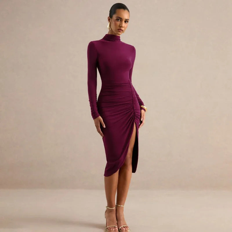 Long Sleeve Mock Neck Midi Dress Side Ruched High Split Fitted Elegant Autumn Dresses 2026