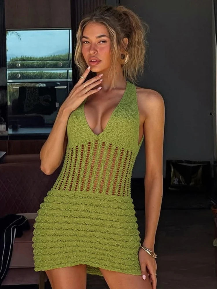 Crochet Elegant Short Dress Women Sexy See Through Bandage Halter Backless Sleeveless Skinny Peach Hip Mini Bodycon