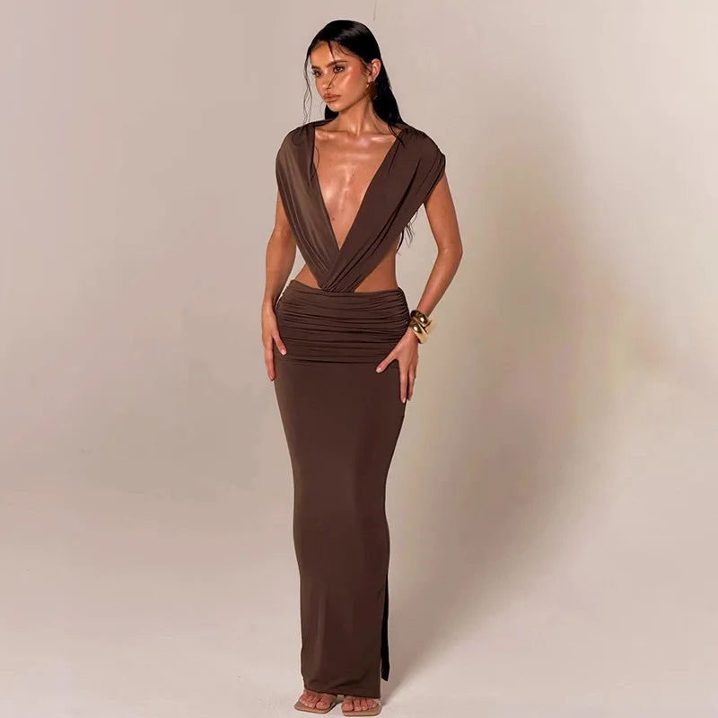Deep V Neck Backless Ruched Maxi Dresses 2026 Woman Sexy Party Dress Brown