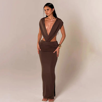 Deep V Neck Backless Ruched Maxi Dresses 2026 Woman Sexy Party Dress Brown
