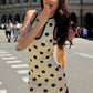 Hollow Stand-Up Collar Dress Women Polka Dot Print Patchwork Lace Sleeveless Skinny Street Summer Party Mini Bodycon