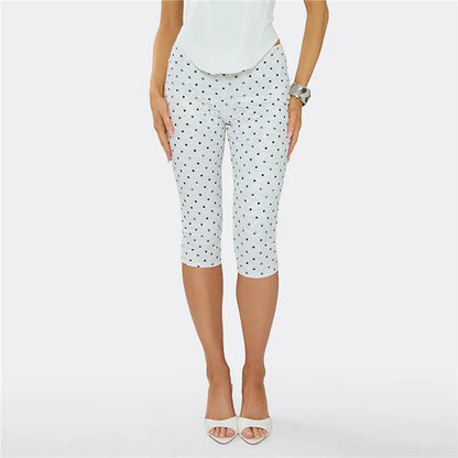 Y2K Retro Polka Dot Lace Capri Leggings Women High Stretch Slim Bodycon Knee Length Cropped Pants Cute Street Bottoms