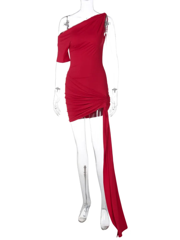 Oblique Shoulder Backless Irregular Sexy Mini Dress For Women Fashion Sleeveless Draped Ruched Club Dress Elegant