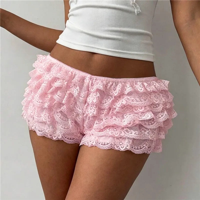 Women Ruffle Lace Bloomers Multi Layered Floral Lace Trim Mini Shorts Elastic Waist Cute Pettipants Y2K Lolita Underwear