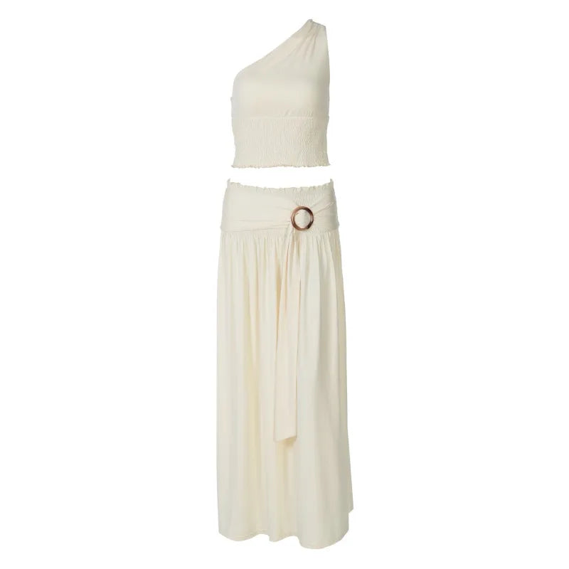 Sexy Two Piece Set Smocked One Shoulder Crop Top and Long Skirts Elegant Woman Vacation Outfits