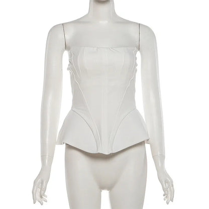 Women White Strapless Corset Top Structured Bustier Peplum Hem Waist Shaping Tube Top Night Club Party Evening Outfit