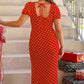 Women Summer Slim Long Dress Fashion Red Short Sleeve Deep V Neck Dot Print Party Dresses Holiday Beachwear