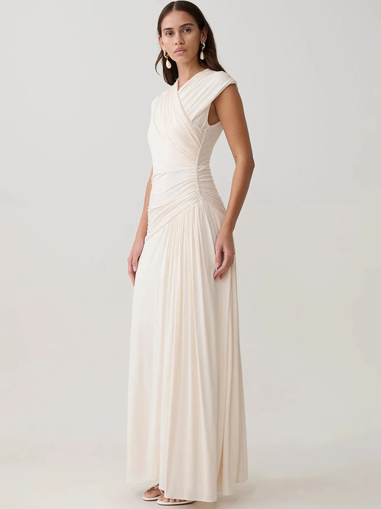Women V Neck Cap Sleeve Maxi Dress Wrap Ruched Waist Draped Flowy Long Dress Wedding Guest Evening Party Formal Gown