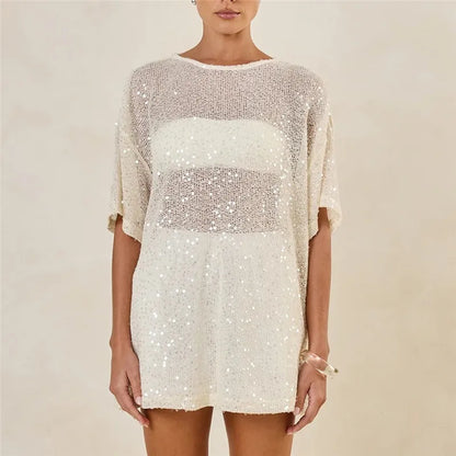 Women's Oversized Sequin Mesh T-Shirt Sheer Knit Half Sleeve Sparkly Blouse Casual Summer Beach Cover Up Top Party Club