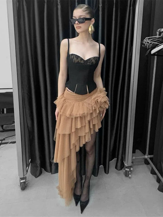 Fashion 2 Piece Set Women Jacquard Patchwork Split Vest+Mesh Ruched Tierred Irregular Hem Applique Skirt Sexy Chic Suits