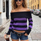 Women Off Shoulder Striped Knit Sweater Long Sleeve Distressed Ripped Hollow Out Loose Pullover Y2K Street Knitted Top