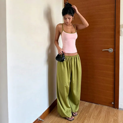 Cute Coords Set for Woman 2 Piece Set Outfit Pink Camisole and Green Wide Leg Pants Y2k Clothes