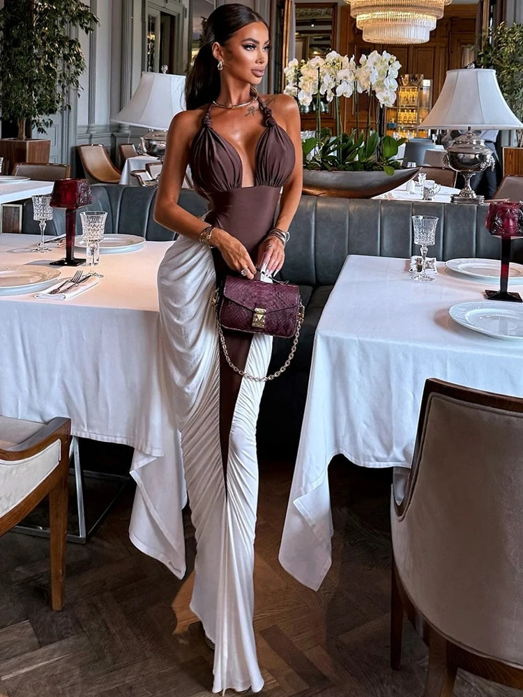 Halter Ruched Dress Women Bandages Sexy Patchwork Backless Thin Slit Summer Clubwear Birthday Party Ruched Vestidos