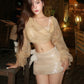 Chic See Through 2 Piece Set Women Y2K Bat Long Sleeve Crop Top+Sequins Applique Skirt Skinny Street Party Sexy Clubwear
