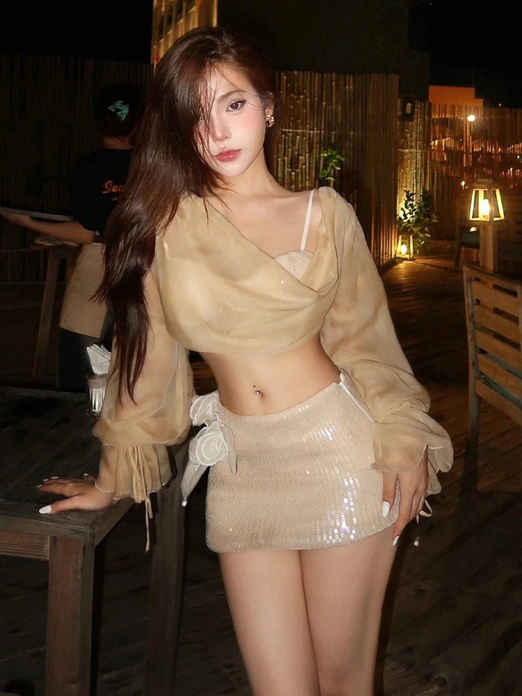 Chic See Through 2 Piece Set Women Y2K Bat Long Sleeve Crop Top+Sequins Applique Skirt Skinny Street Party Sexy Clubwear