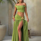 Two Piece Sets for Woman Off Shoulder Crop Top and Split Long Skirt Matching Set Green Beach Vacation Outfits