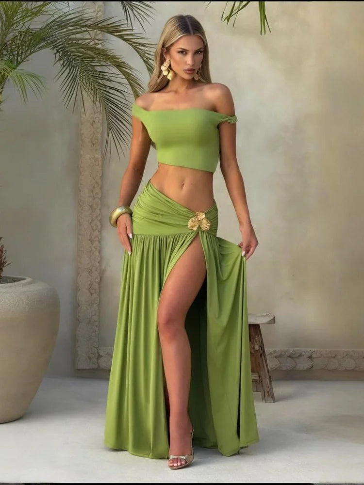 Two Piece Sets for Woman Off Shoulder Crop Top and Split Long Skirt Matching Set Green Beach Vacation Outfits