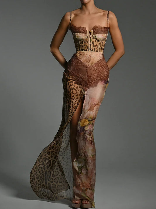 See Through Maxi Dress Women Sexy Patchwork Leopard Print High Slits Single-Breasted Hollow Summer Vacation Vestidos