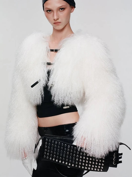 Hipster Classic Fur Jacket Women Solid Elegant Warm Winter Belt Buckle Banquet Party Wild Street Open Collar Crop Coat