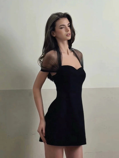 Women Elegant Square Collar Dress Fashion Mesh Patchwork Short Sleeve Stretch Sexy Trend Evening Party Club Bodycon