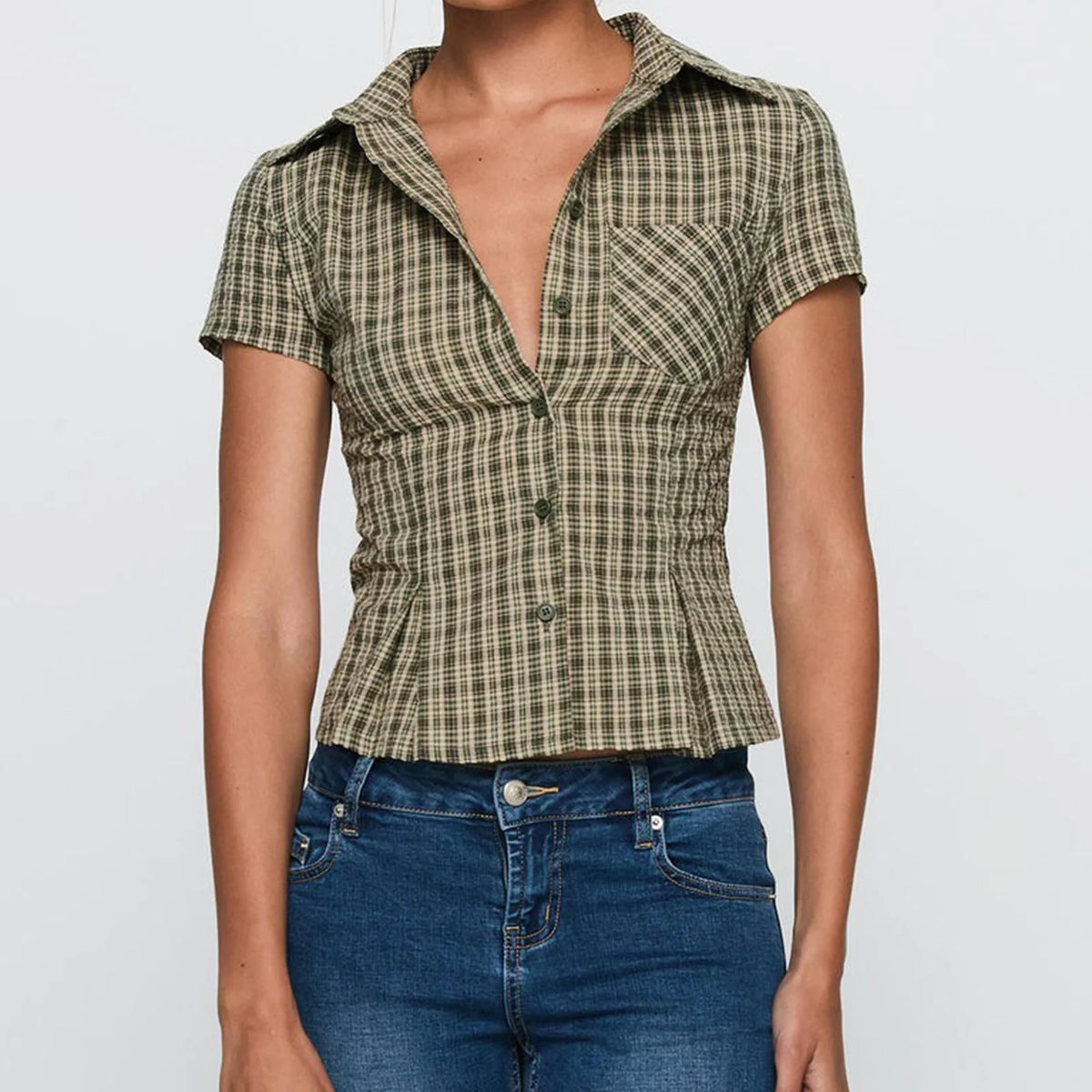Women's Y2K Short Sleeve Plaid Button Down Shirt Button Down Blouses Tops Casual Summer Shirt Tops 90s Streetwear