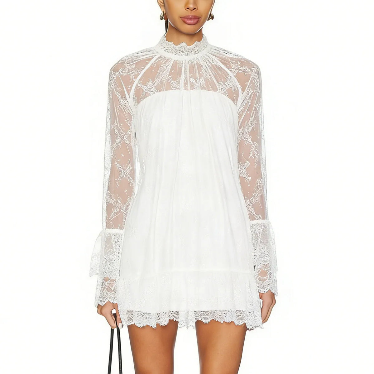 Women Elegant Lace Sheer Mesh Mini Dress High Neck Long Sleeve Flounce Hem A Line Dress for Wedding Guest Nightclub