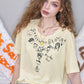 Cute Cartoon Doodle Print Striped T-Shirt, Crew Neck Oversized Casual Tee, Sweet Loose Top for Women