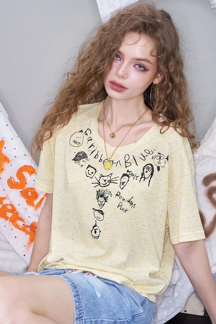 Cute Cartoon Doodle Print Striped T-Shirt, Crew Neck Oversized Casual Tee, Sweet Loose Top for Women