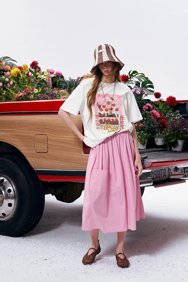 Women's Oversized Drop Shoulder T-Shirt, Graffiti Cake Print Double Gauze Tee, Casual Versatile Summer Short Sleeve Top