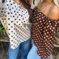 Off Shoulder Tops Elegant Women Long Sleeve Brown Polka Dot Y2K Retro Fashion Blouse Shirts Party Spring Fall Streetwear