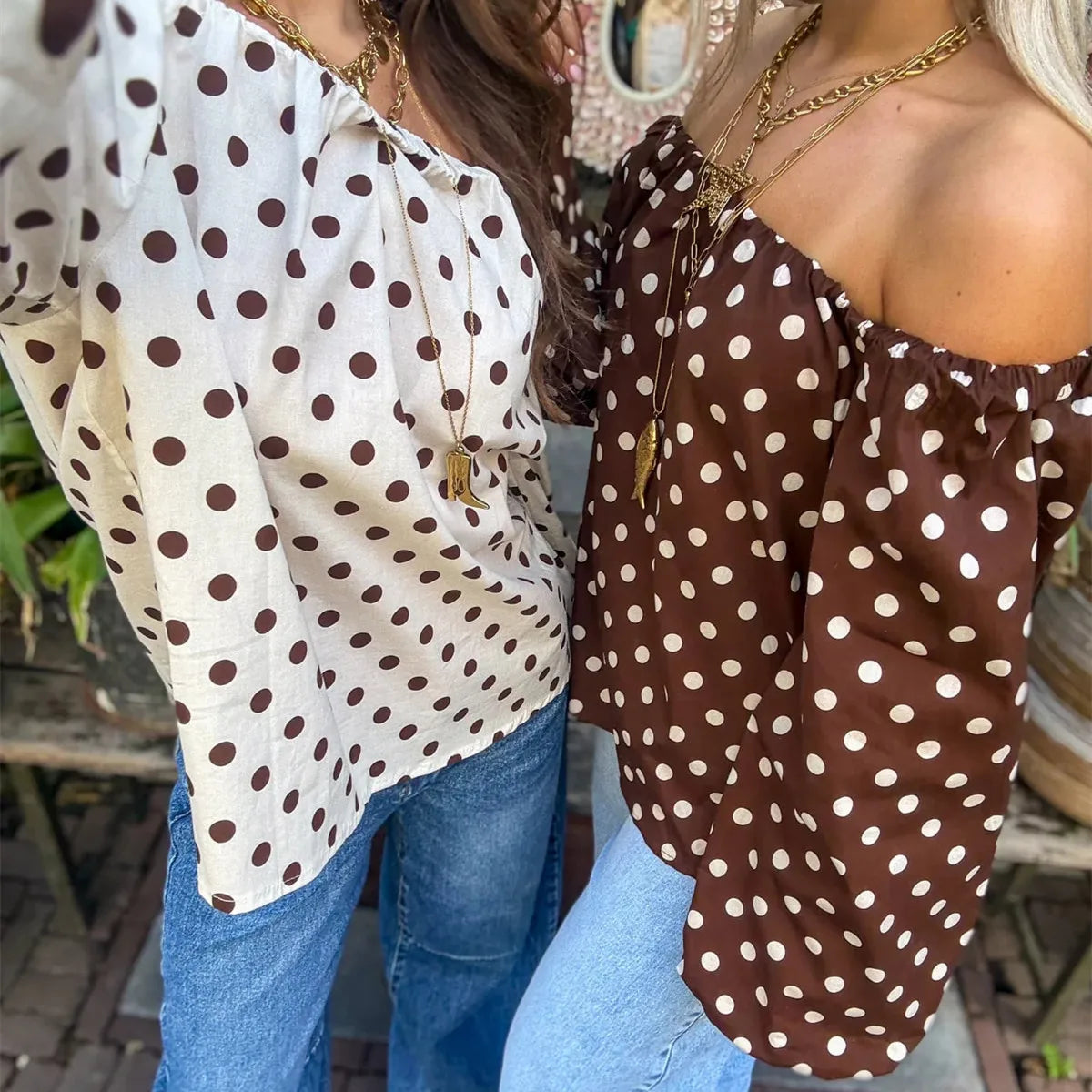 Off Shoulder Tops Elegant Women Long Sleeve Brown Polka Dot Y2K Retro Fashion Blouse Shirts Party Spring Fall Streetwear