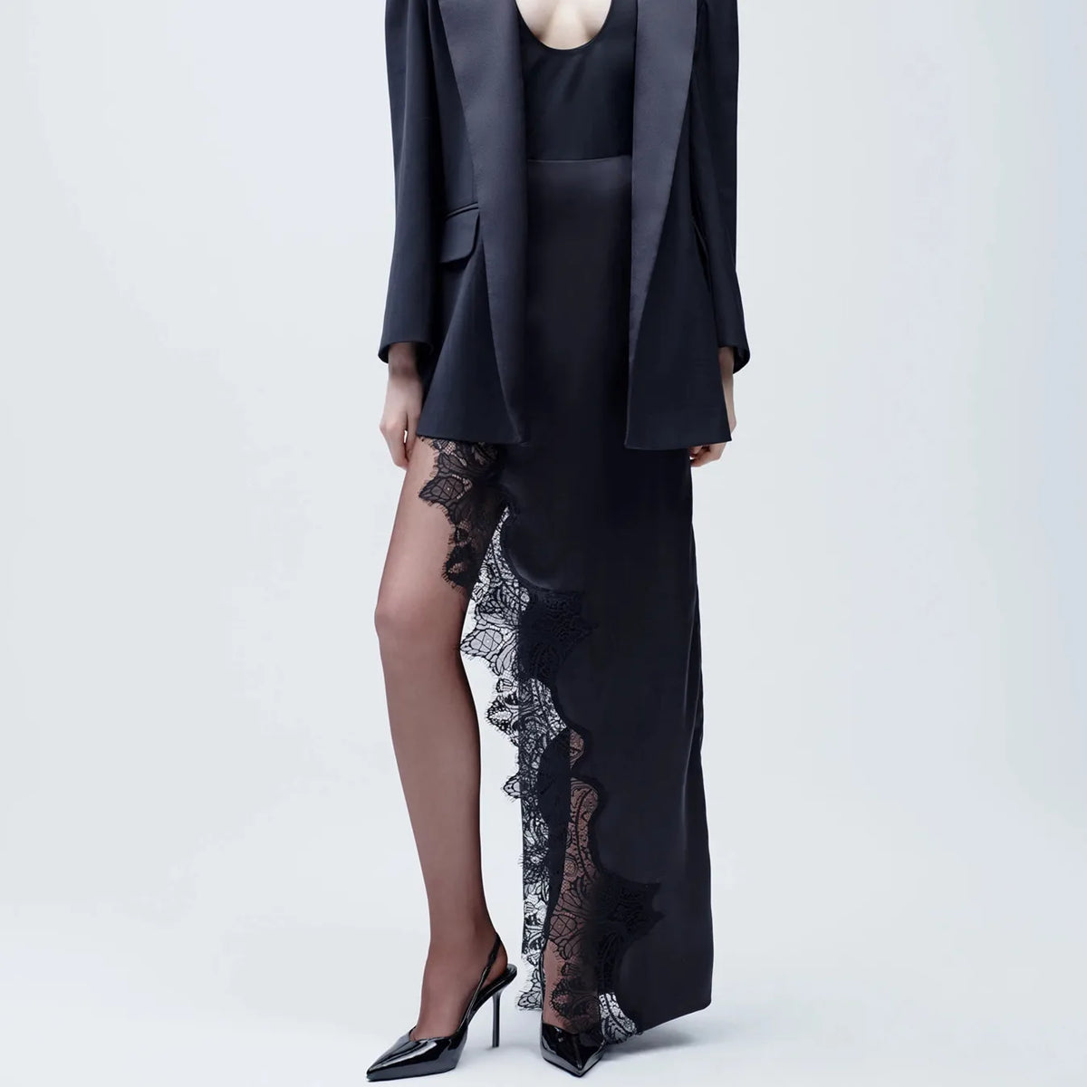 Satin Lace Trim Maxi Skirt Elegant Women's High Slit Asymmetrical Hem Silky Long Skirt Sexy Evening Party Club Outfit