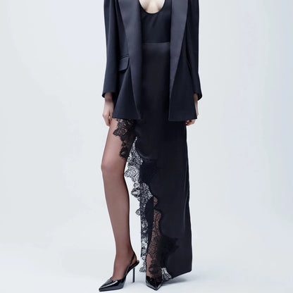 Satin Lace Trim Maxi Skirt Elegant Women's High Slit Asymmetrical Hem Silky Long Skirt Sexy Evening Party Club Outfit