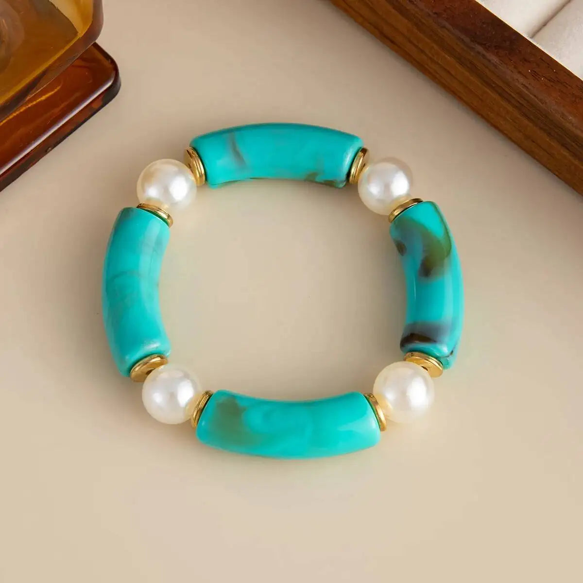 7 Styles Vintage Resin Round Tube Elastic Bangle Bracelet for Women Boho Stackable Imitation Pearl Acrylic Bead Bracelet