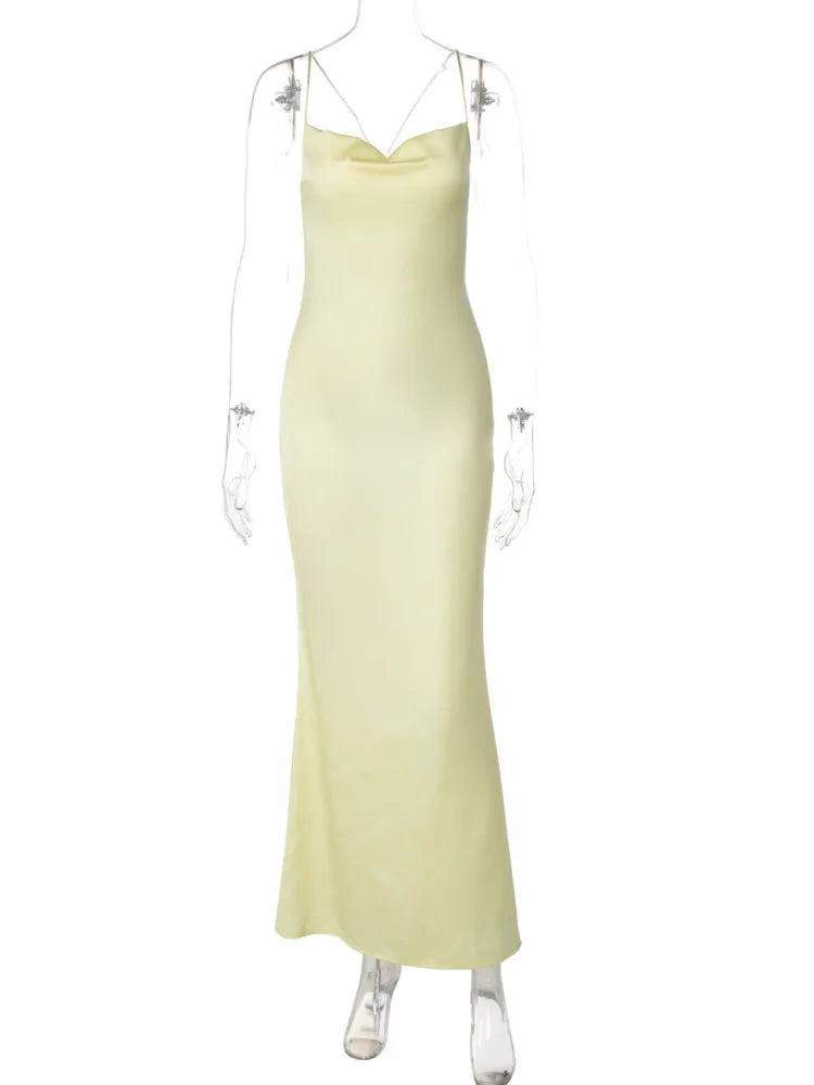 Women Satin Spaghetti Strap Sexy Maxi Dress Cowl Neck Slim Bodycon Long Dress Elegant Wedding Guest Evening Party Dress