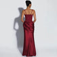 Square Neck Sleeveless Satin Splicing Ruched Maxi Dress Burgundy Black Elegant Evening Dresses Wedding