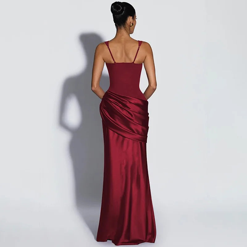 Square Neck Sleeveless Satin Splicing Ruched Maxi Dress Burgundy Black Elegant Evening Dresses Wedding