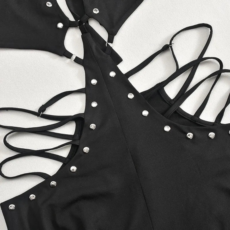 Sexy Black Jumpsuit Women Summer Club Outfit Fashion Rivet Cut Out Halter Backless Jumpsuits Flared Leg