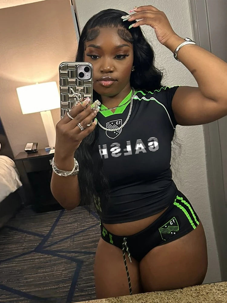 Letter Print 2 Piece Set Women Tracksuit O-Neck Basic Sporty Crop Top+Shorts Casual Activity Streetwear Matching Suit