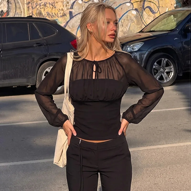 Tie-front Mesh Patchwork Long Sleeve Tops Elegant Fashion Black Shirts for Women Clothes Autumn 2026