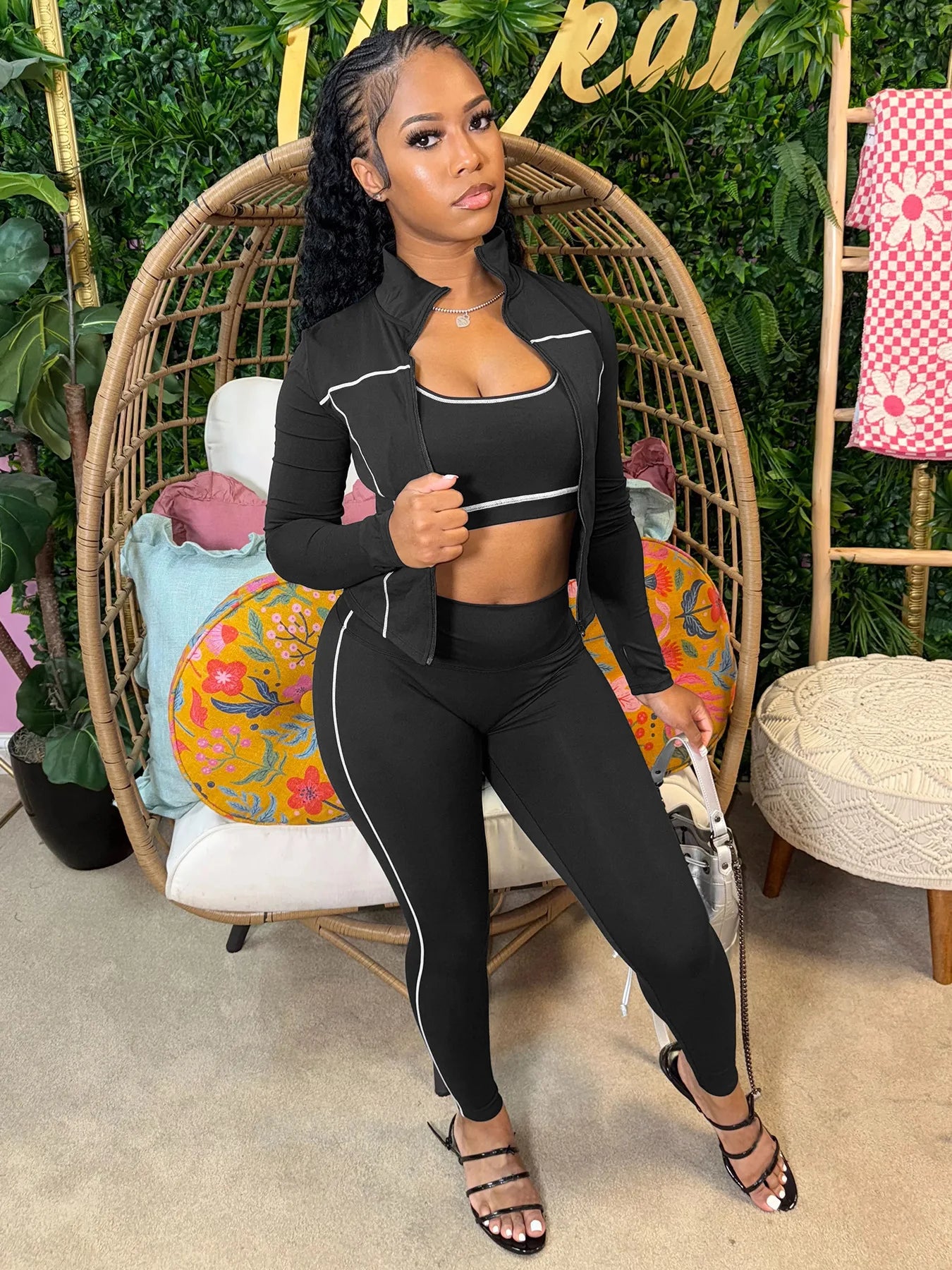 Casual 3 Piece Set Women Tracksuit Elastic Vest+Zip Jacket+Leggings Matching Street Sporty Fitness Street Shapewear