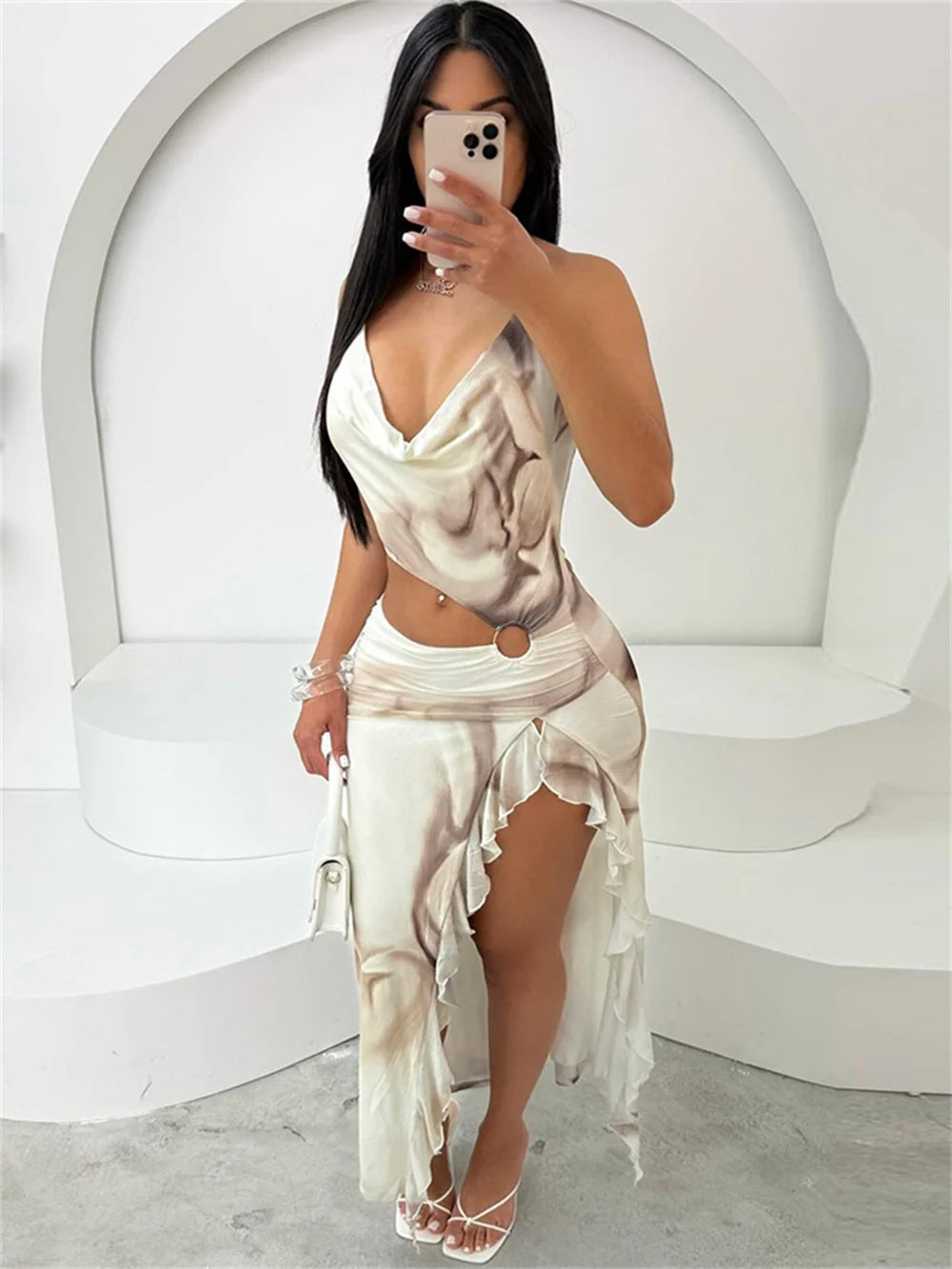 Tie Dye Print Dress Women Halter Sexy Hollow Backless Waistless Split Ruffle Trim Vacation Party Birthday Vestidos