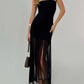 Strapless Maxi Dress for Women Stylish Solid Sheer Hem High Slit Sleeveless Tube Long Dress Summer Party Beachwear