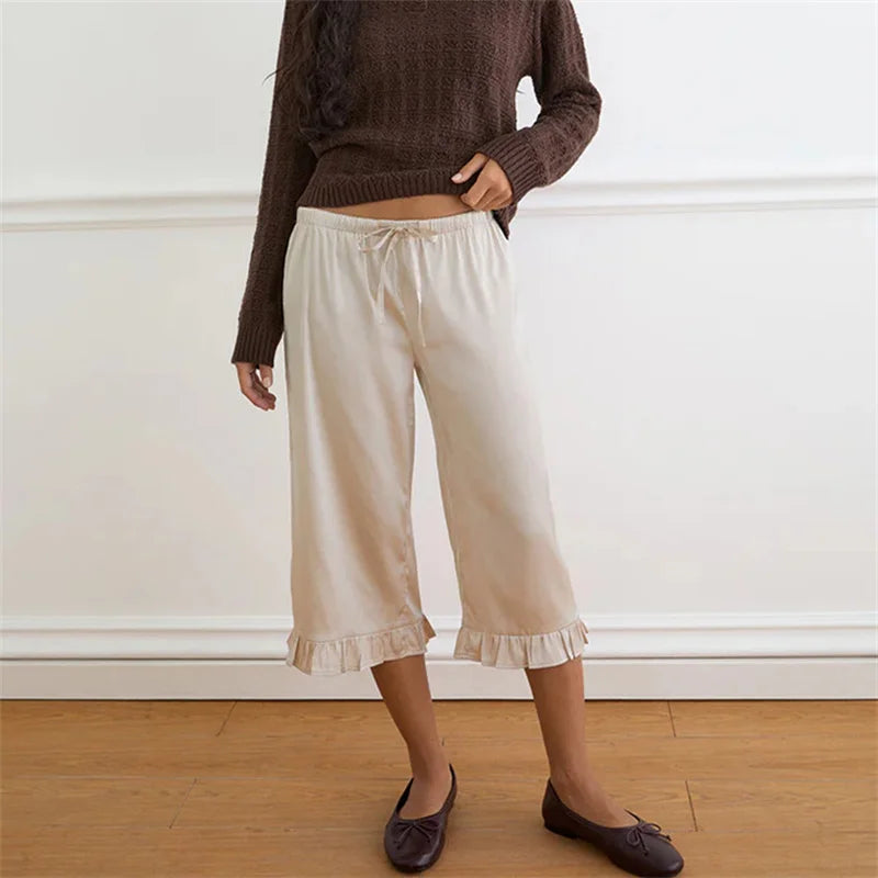 Women Satin Ruffle Hem Cropped Pants Elastic Waist Drawstring Loose Wide Leg Culottes Casual Comfortable Lounge Trousers