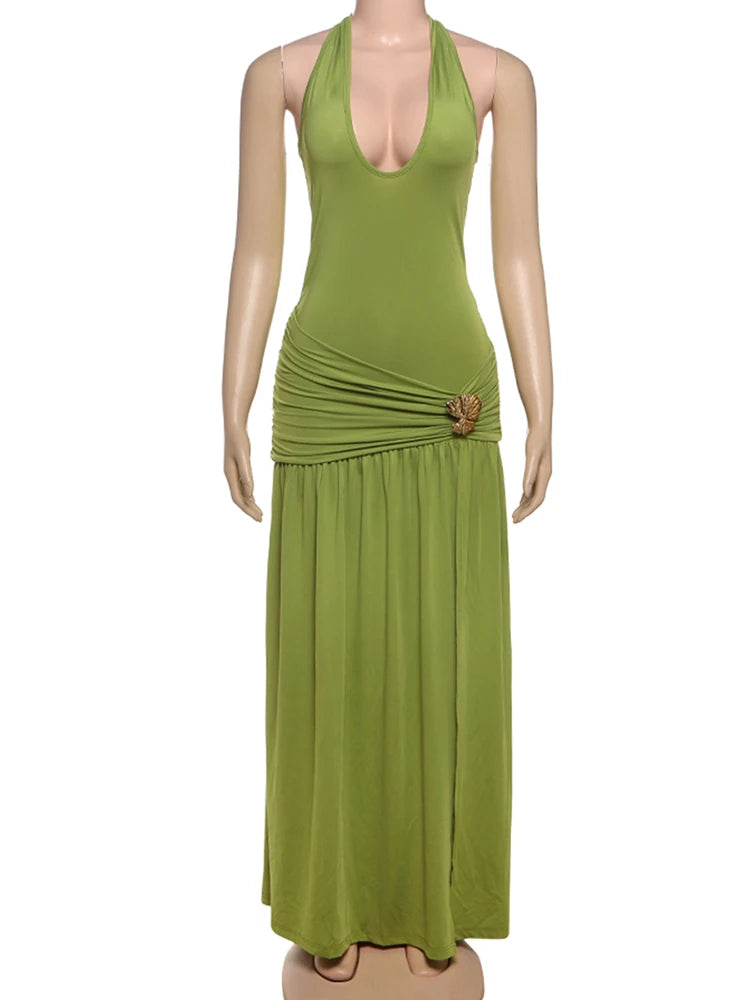 Side Split Maxi Dress Women Y2K Backless Ruched Halter Bandage Low-Neck Sleeveless Metal Trim Ribbon Elegant Vestidos