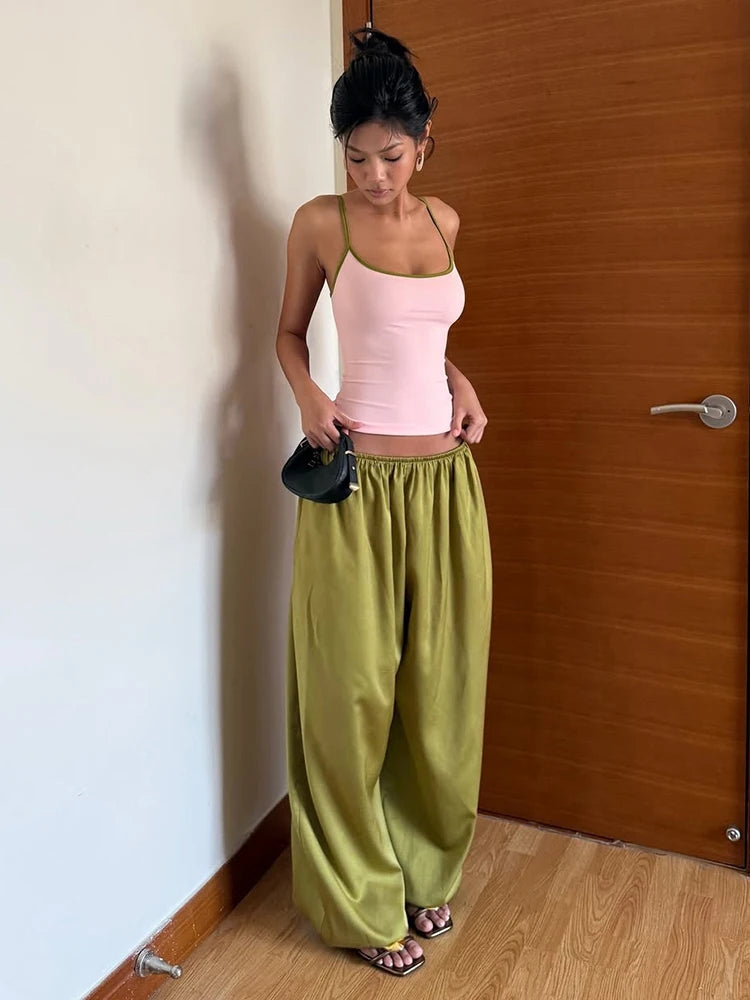 High Street 2 Piece Set Woman Color Blocking Low-Neck Backless Navel Exposed Camisole+Straight Pants Casual Fashion Suit