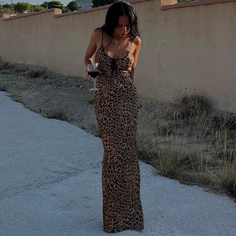 Leopard Print Beach Party Dress Spaghetti Strap Low Cut Backless Maxi Long Dresses Vacation Outfits for Women