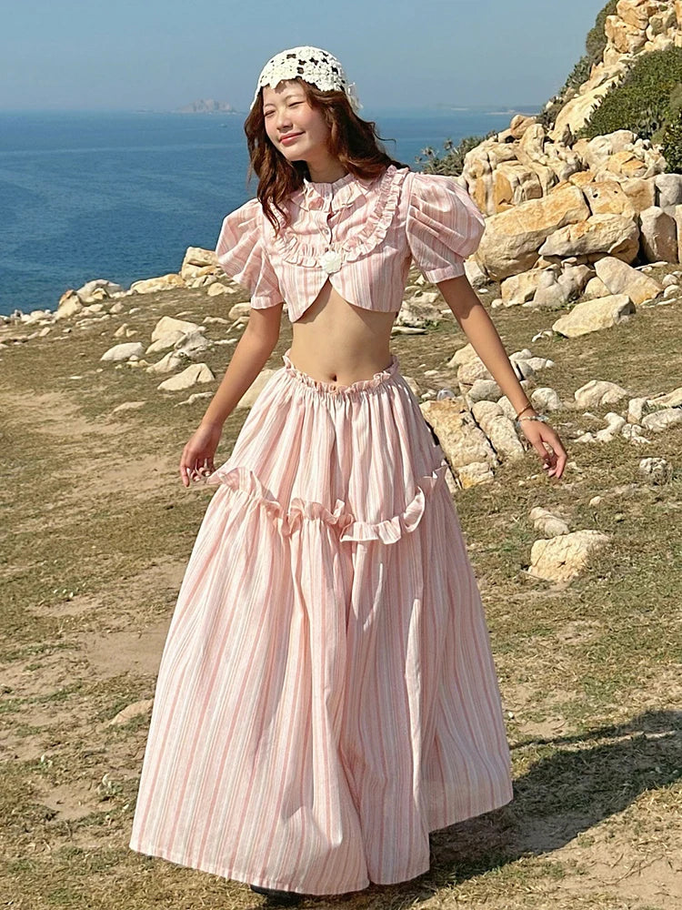 Stripe Print 2-Piece Set Women Y2K Button Puff Sleeve Irregular Crop Top+Edges Skirts Summer Streetwear Matching Suit