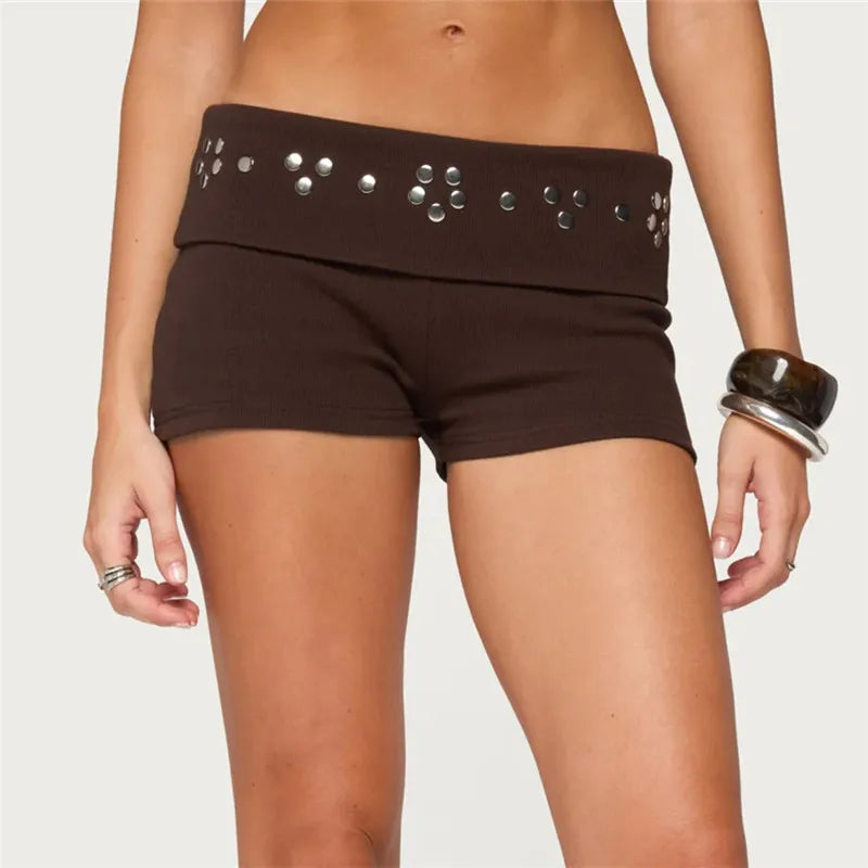 Women Low Waist Ribbed Mini Shorts Fold Waist Metal Rivet Studded Decor Slim Bodycon Hot Pants Street Clubwear Shorts