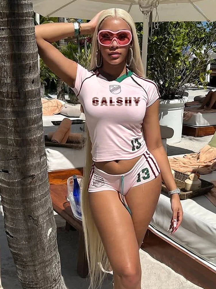 Letter Print 2 Piece Set Women Tracksuit O-Neck Basic Sporty Crop Top+Shorts Casual Activity Streetwear Matching Suit